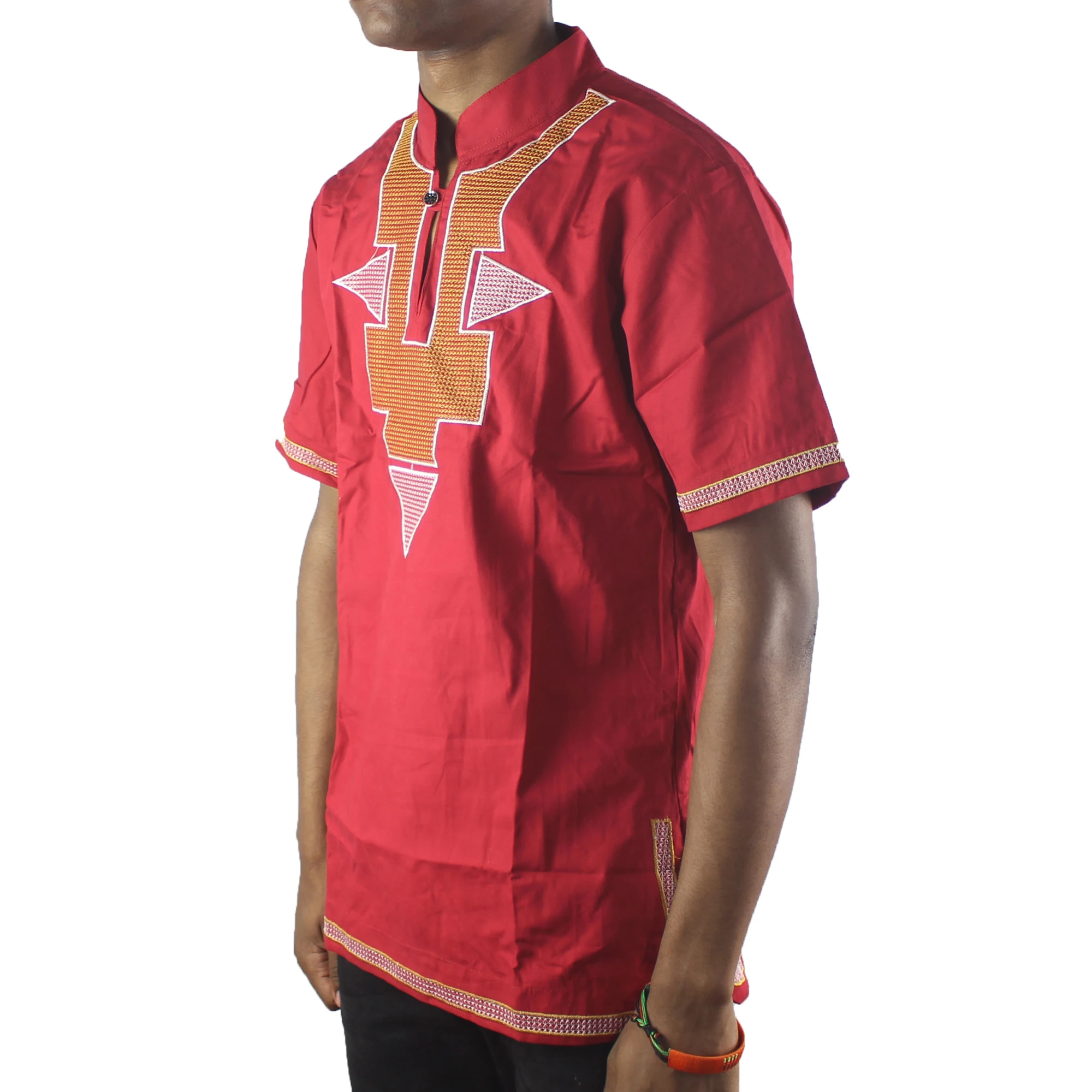 Red Summer Dashiki Traditional Clothes African Print T-shirt Stand-up Collar Short Sleeve Tops Streetwear Ethnic Style