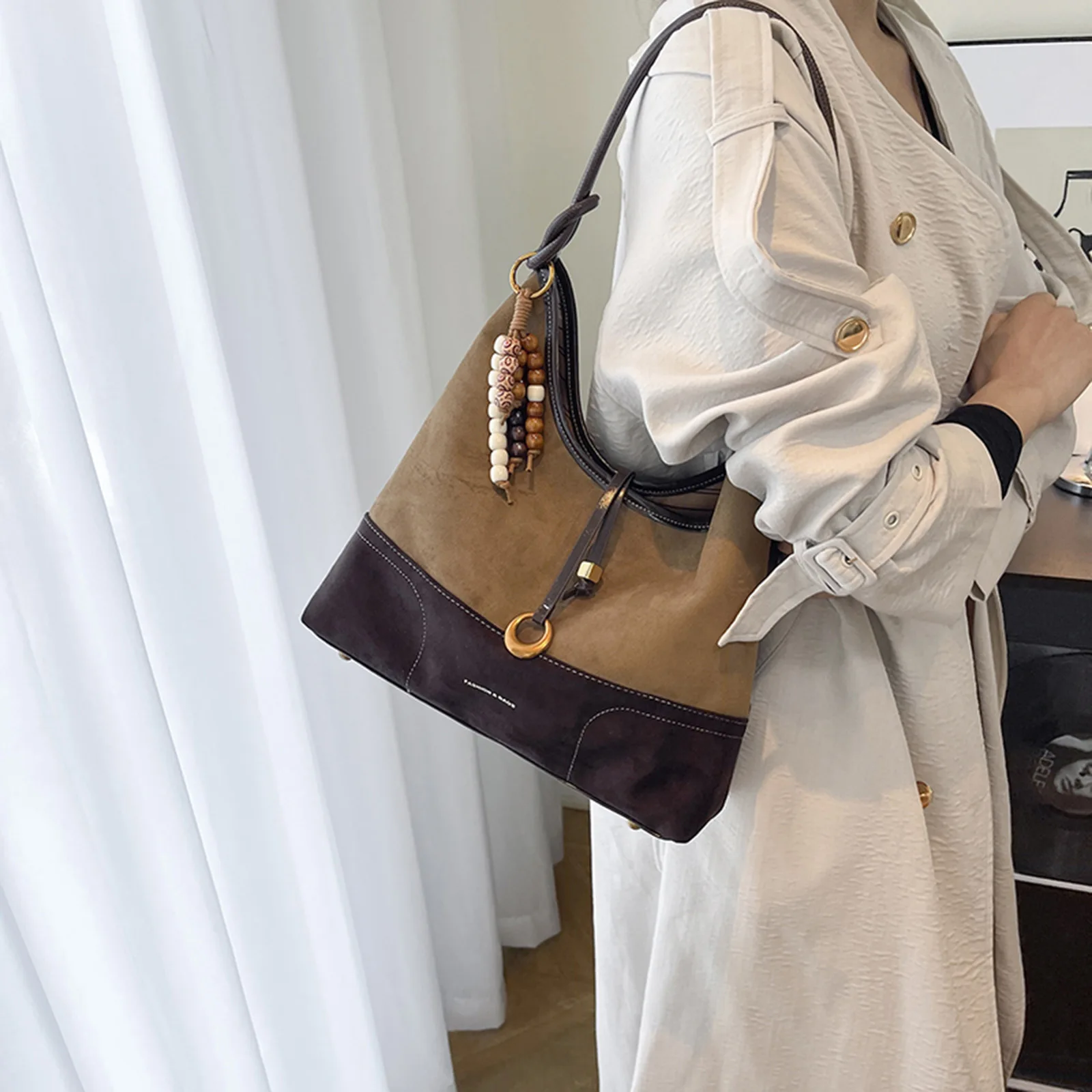 PU Leather Shoulder Bag Fashion Underarm Bag with Pendant Bucket Bag for Women Work Shopping Travel Daily