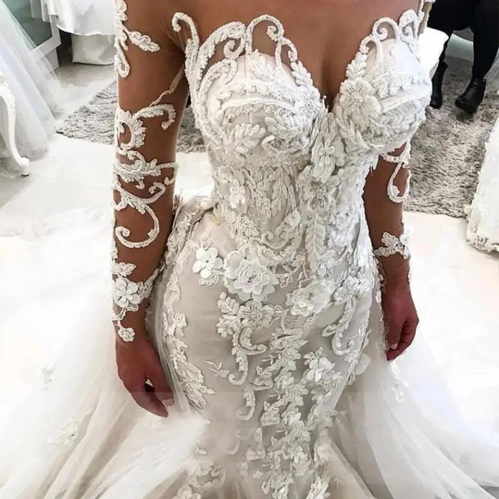 

Luxury Mermaid Wedding Dress With 3d Flowers Sheer Neck Vestido De Novia Long Sleeves Plus Size Bridal Gowns
