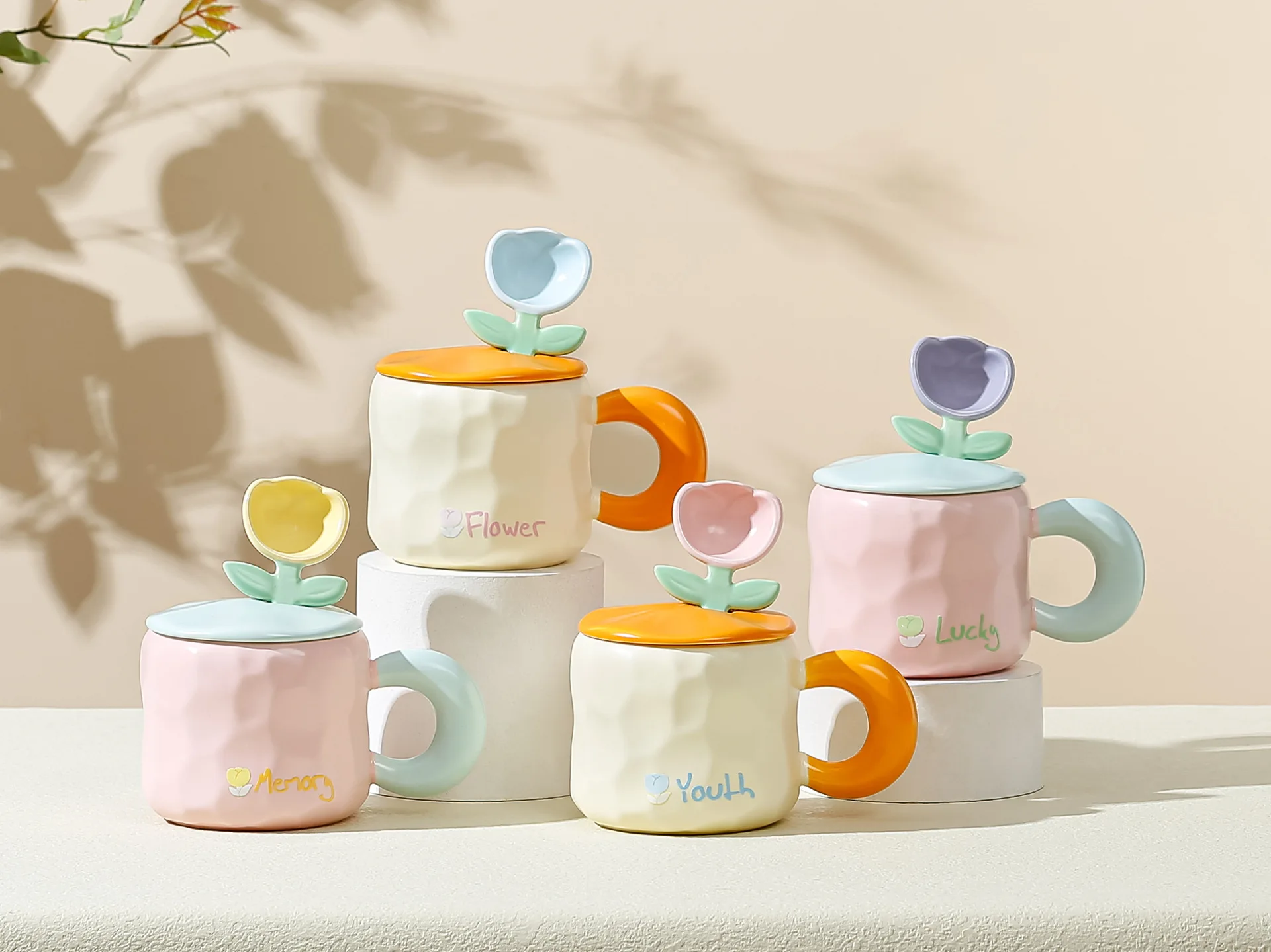 

450ml Ceramic Mark Coffee Cup Handmade with Irregular Pattern Milk Tea Korean Style Oat Breakfast Beverage Cup with Lid Spoon