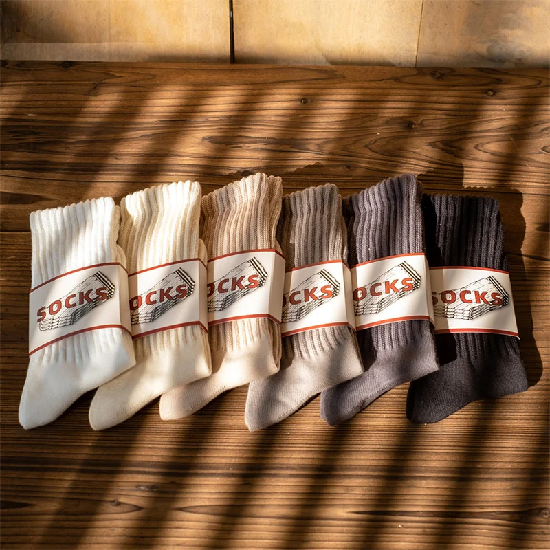 

Autumn Winter Thick Needle Socks Men Women Mid Length Sports Pure Cotton Socks Retro Solid Color Couple Socks