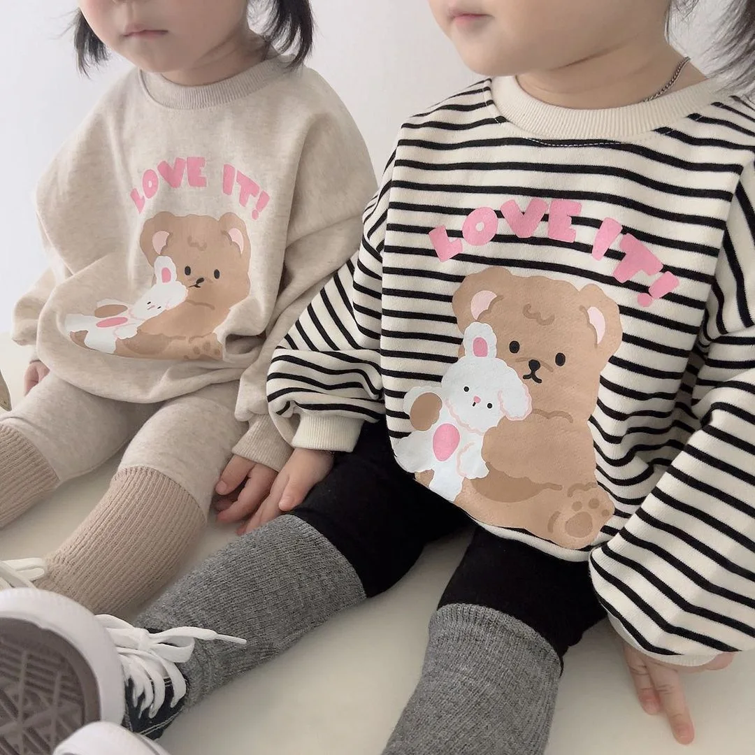 Spring Boy Children Cute Bear Print Long Sleeve T-shirt Girl Baby Cartoon Casual Sweatshirt Infant Cotton Tops Toddler Tees