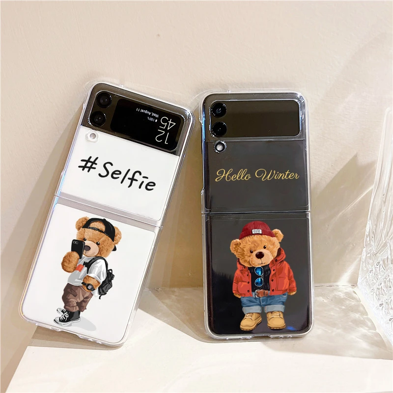 Cute Transparent Phone Case For Samsung Galaxy Z Flip 3 Fashion Brand Bear Hard PC  Cover For Galaxy Z Flip 5G Flip3 Trend Shell galaxy flip3 case