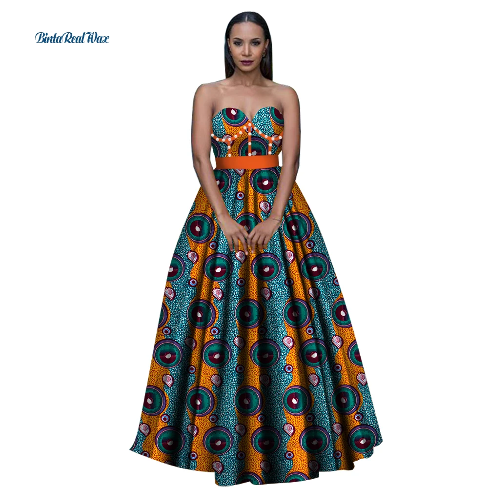 African Dresses for Women Vestidos Beads Long Ball Gown Dresses Bazin