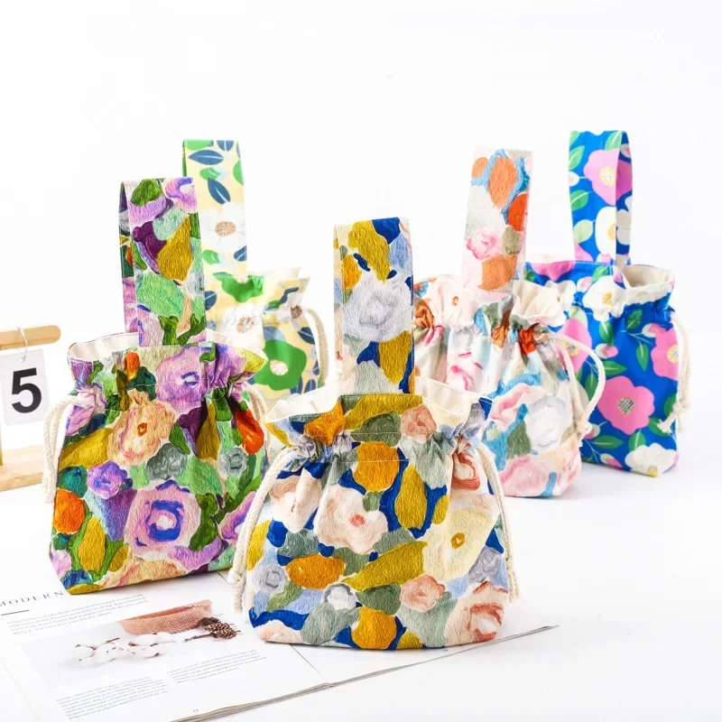 

Новая Изысканная хлопчатобумажная сумка на запястье, маленькая сумка с изображением свежих цветов, сумка для ношения, Студенческая сумка-ведро