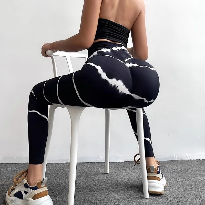 

Women Seamless Leggings GYM Printed High Waist Outdoor Fitness Yoga Pants Tummy Control Elastic Tie Dyed Peach Sports Tights