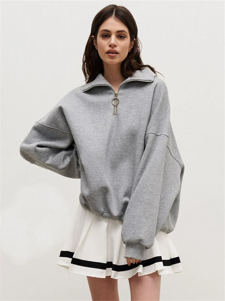 

Women's Fashion Polo Neck Zipper Sweater 2023 Autumn Winter New Loose Solid Casual Pullover Stand Neck Top Women's Pullover