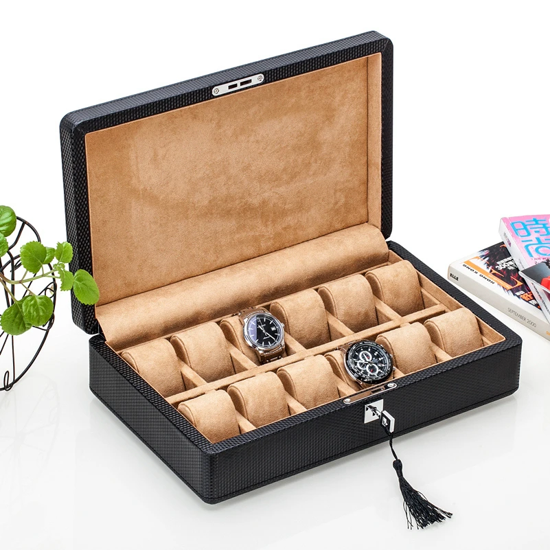 12 Slots Carbon Fiber Watch Boxes Black Leather Watch Case Storage Box With Lock Watch Organizer For Men Gift Boxes