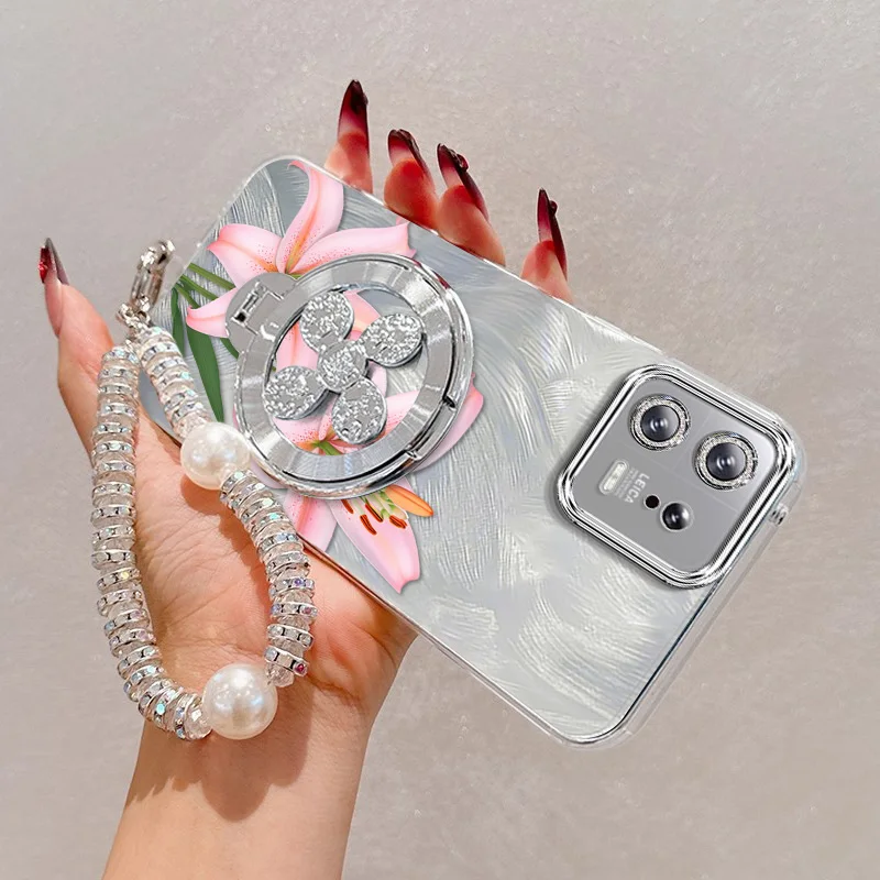 Pink Flowers Phone Case Set with Lanyard and Stand