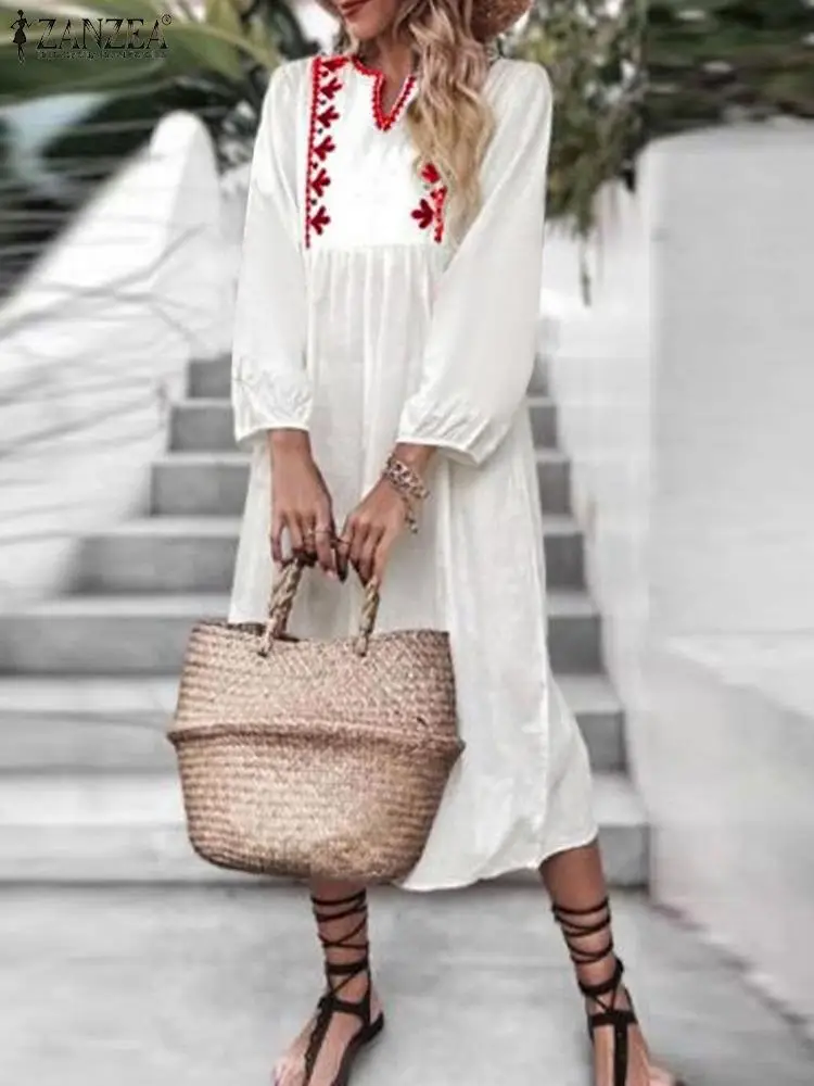 

ZANZEA Summer Women Sundress Holiday Solid Bohemian Vacation Midi Dress Casual Loose Embroidery Flower Long Puff Sleeve Robes