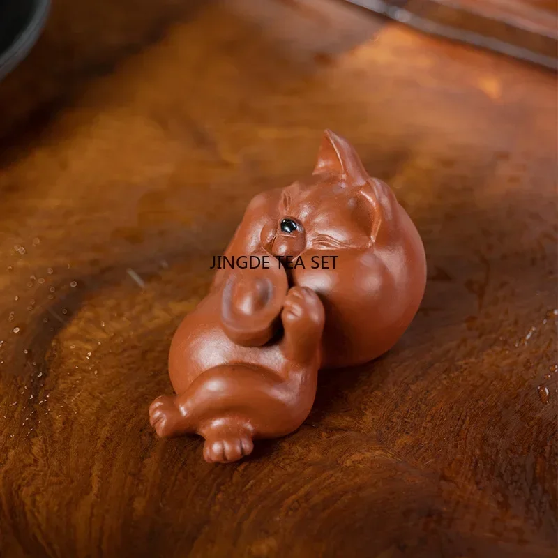 Yixing Purple Clay Tea Pet Animal Statue Lucky Cat Handmade Sculpture Jewelry Chinese Tea Set Accessories