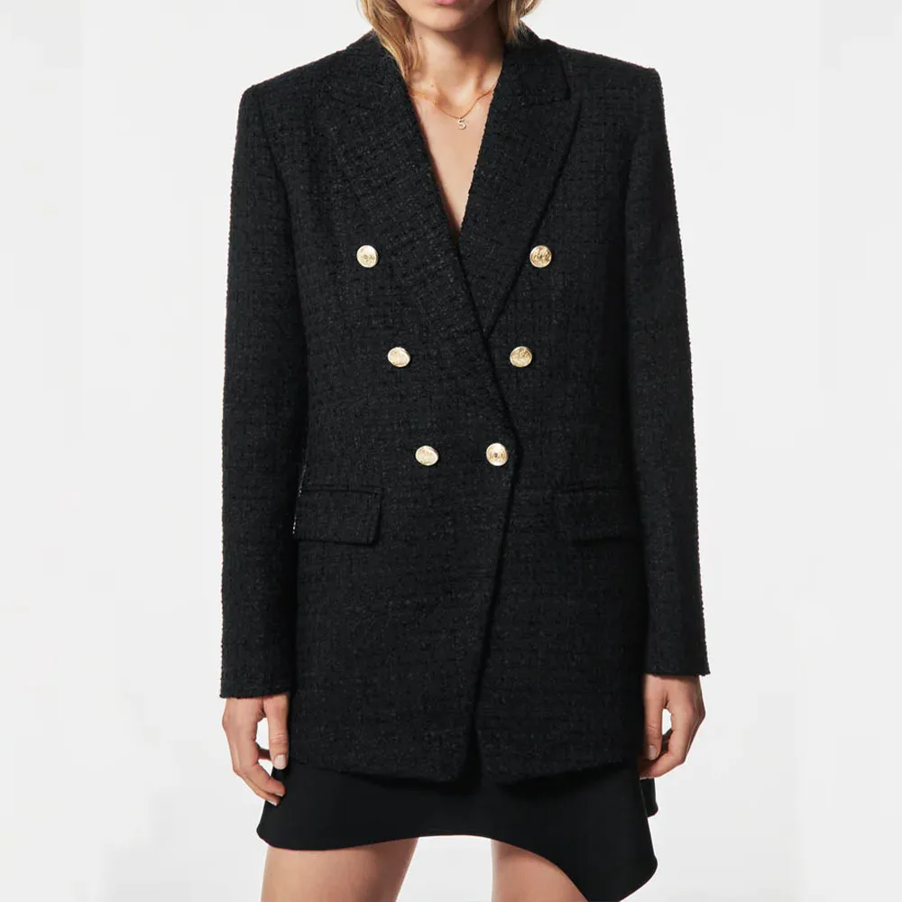 

Autumn Vintage Black Pinch Textured Blazer Double Row of Buttons Decorated Black Commuter Coat Jacket sobretudo feminino