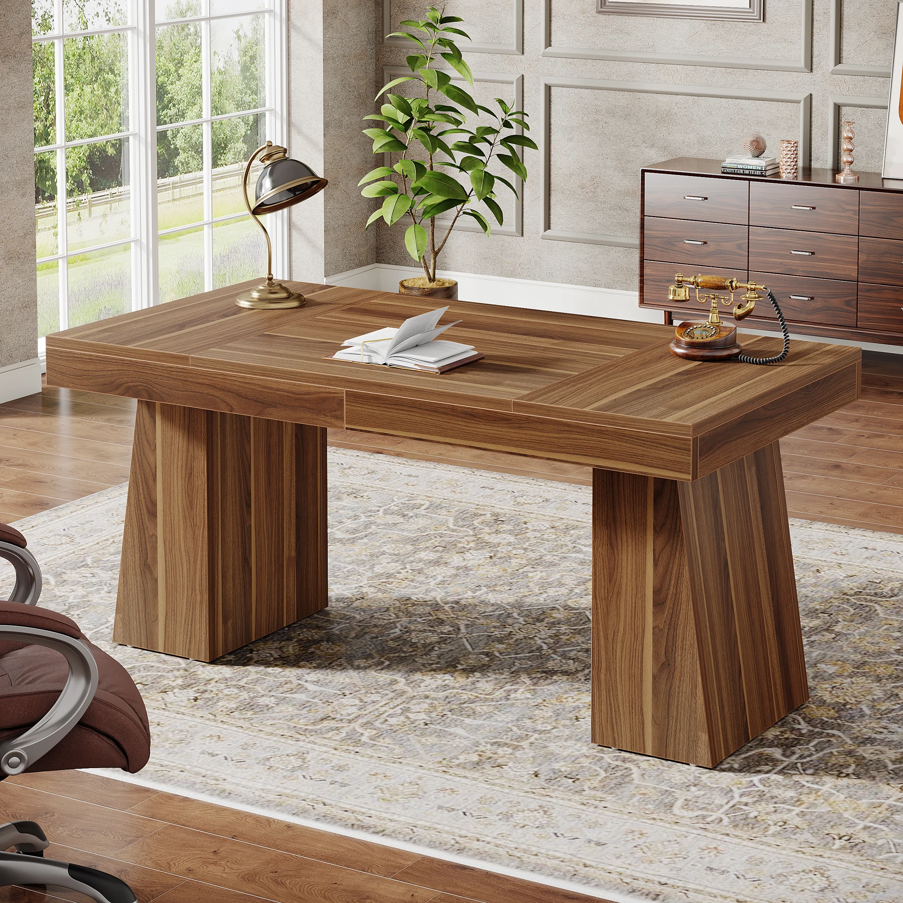 Tribesigns 55 Inches Executive Desk, Mid-Century Modern Home Office Desk with Double Trapezoid Base, Wood Computer Desk 5