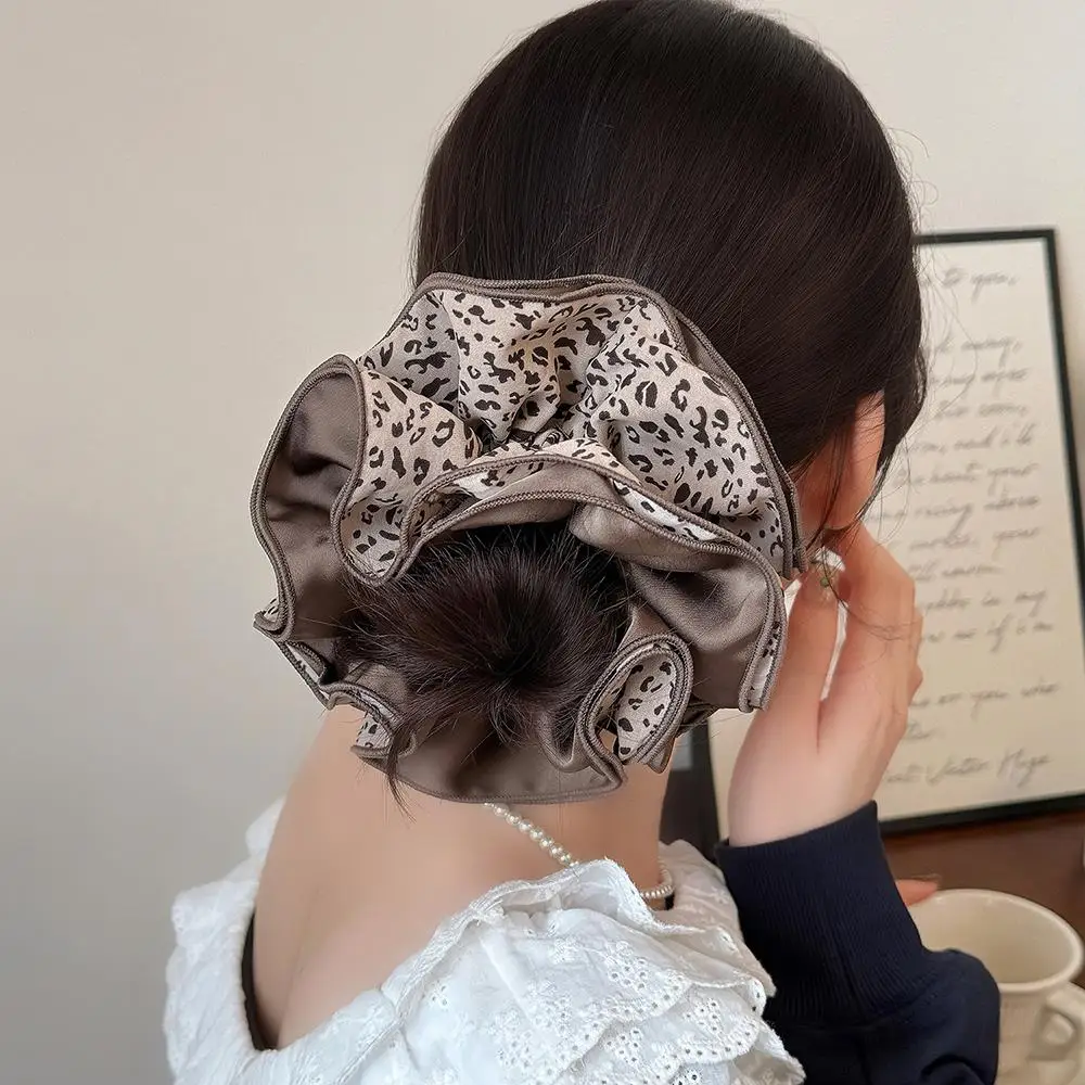 Retro Autumn Winter Leopard Print Scrunchies For Women Four-layer Large Elastic Hair Tie Fashion Ruffled Ruffle Hair Rubber Band