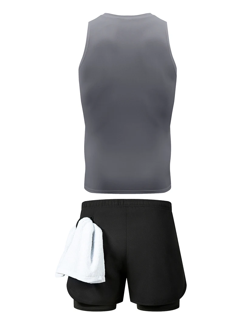 Men's Workout Running Athletic Clothing Set Sleeveless Compression Shirt Tank Top 2-in-1 Gym Shorts with Phone Pocket Towel Loop