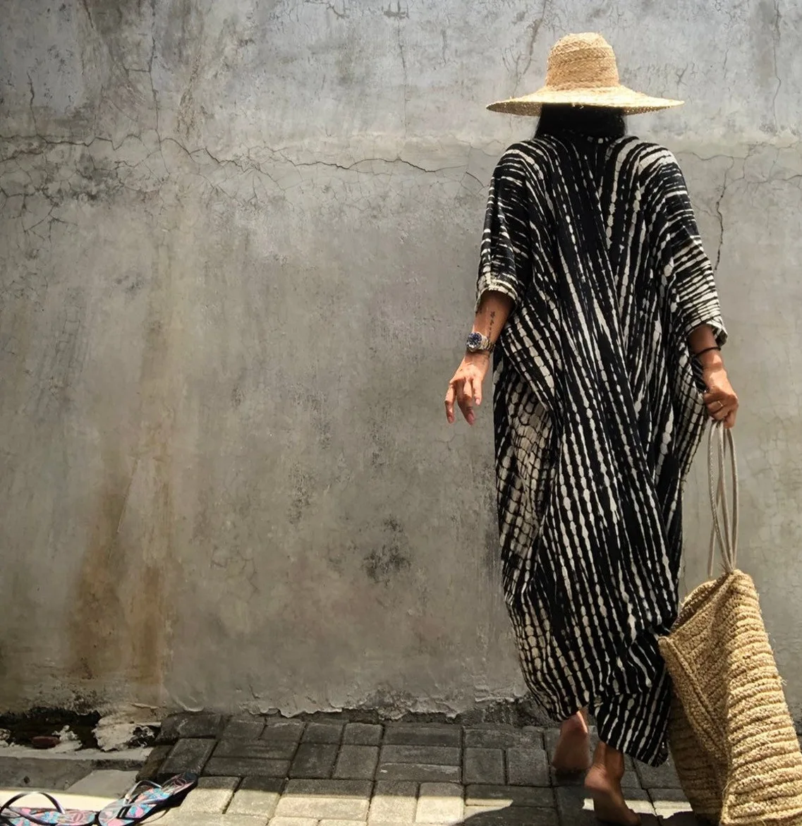 2023 Rayon Beach Smock Maxi Dress Elegant Fashion Holidays Party Female Long Dress Tie-Dye Batwing Sleeve​ Bohemian Sundress New