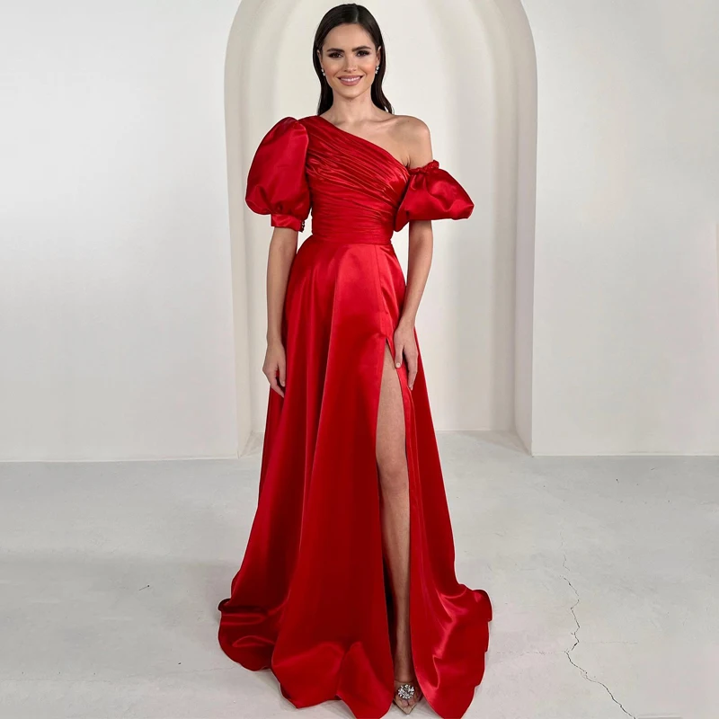 

UZN Elegant Red A-Line Prom Dress One Shoulder Satin Evening Dress High Split Floor Length Saudi Arabia Wedding Gown Custom Size