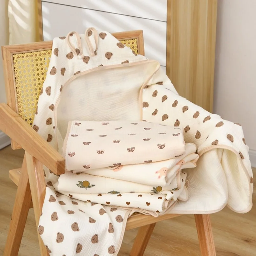 Bear Printed Infant Hooded Towel Wrap Blanket Soft Texture Cloak Baby Swaddle Cloth Single Layer Breathable Material