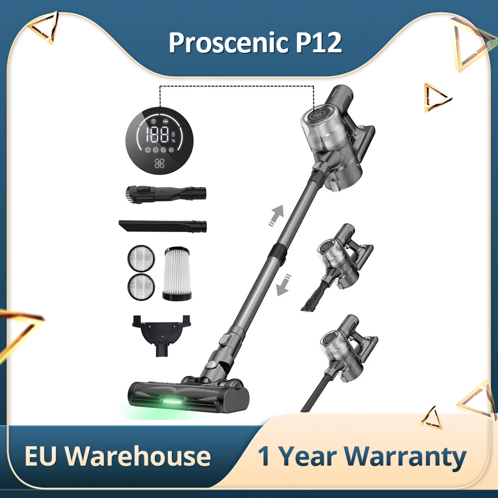 Proscenic P12 33KPa Suction Cordless Vacuum Cleaner, 1.2L Large Dustbin,  60Mins Runtime, LED Touch Display 