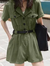  2022 Fashion Summer Rompers ZANZEA Women Lapel Neck Short Sleeve Jumpsuits Casual Loose Playsuits Solid Party Holiday Overalls 
