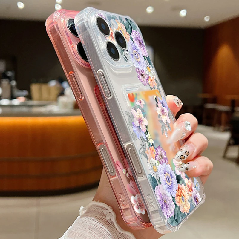 Floral Shockproof Clear TPU Phone Cover with Card Slot Pocket