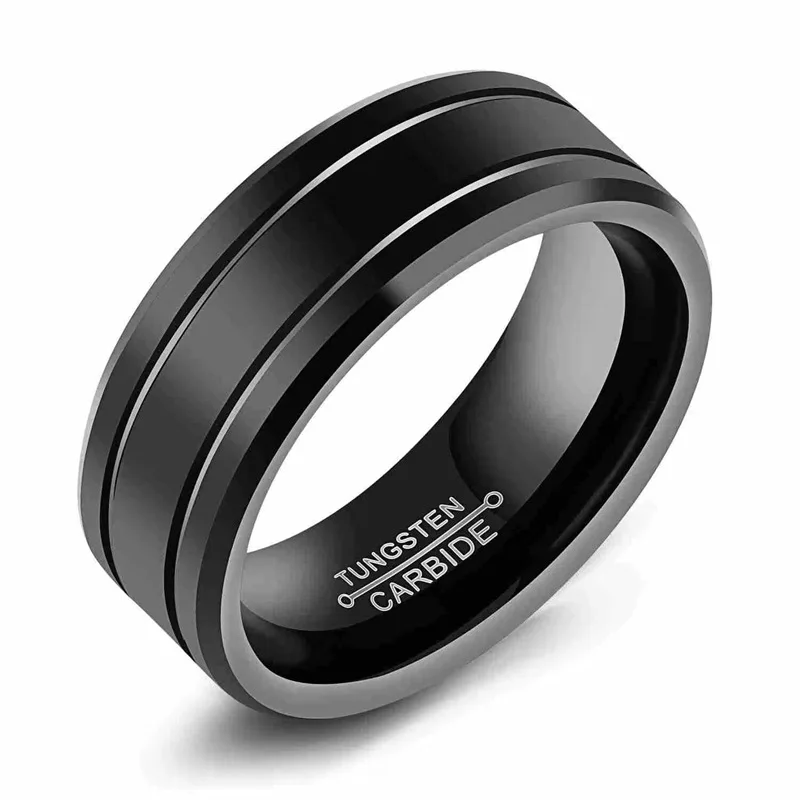Men's 8mm Tungsten Carbide Ring Black Stainless Steel Ring Beveled Edge Wedding Band Size 6-13 Comfort Fit wedding rings finger rings fashion rings fashion ring stainless steel rings metal rings