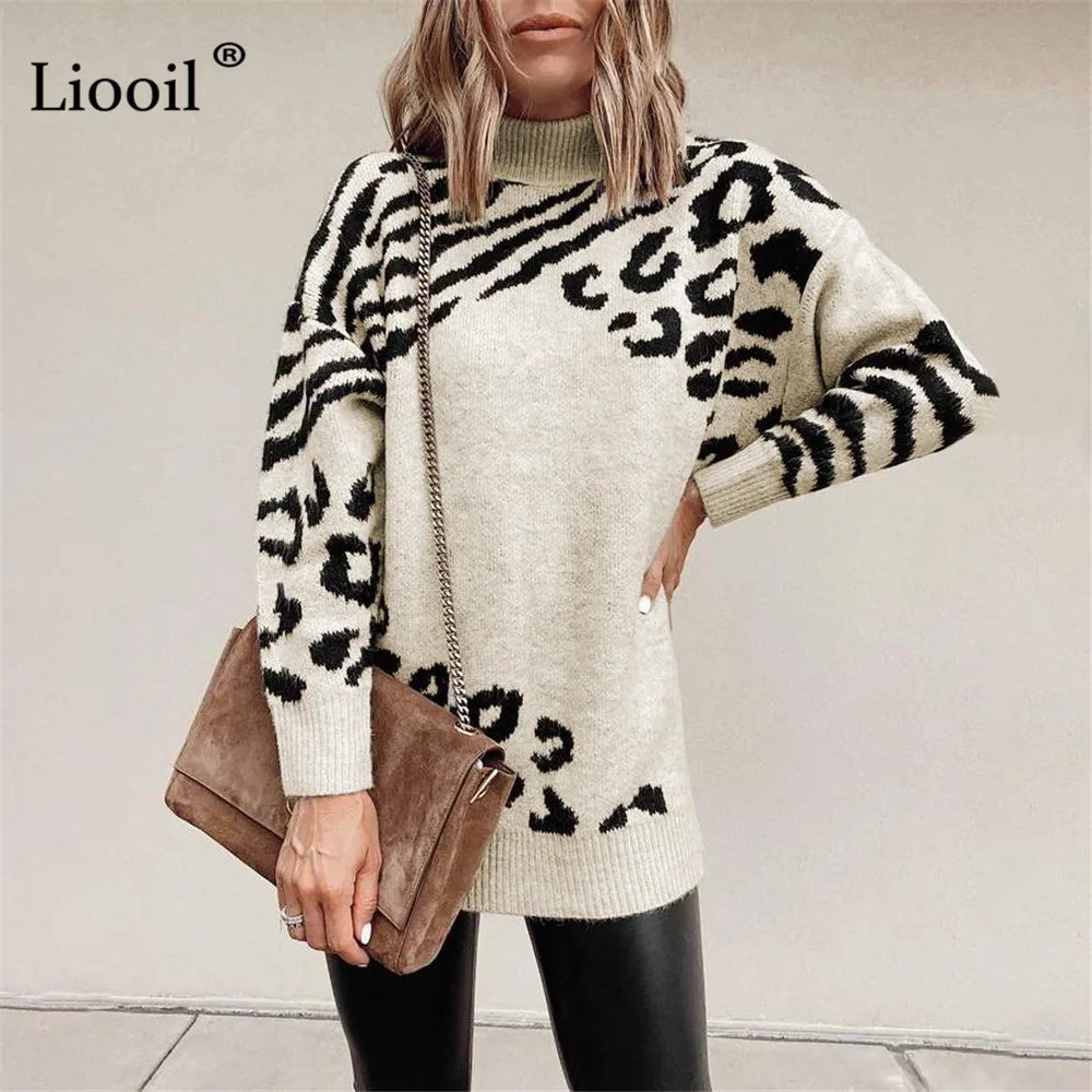 Leopard Print Turtleneck Knitted Sweaters for Women Ladies Warm Clothes Baggy Jumpers...