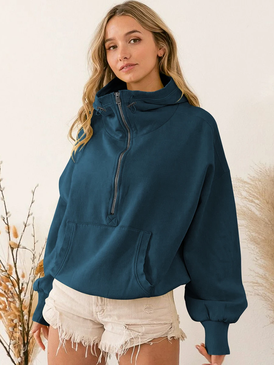 

Solid Color Pockets Zipper Hoodie Woman Long Sleeve Hooded Pullovers Street Style Fashion Casual Cozy Simple Autumn Hoodies