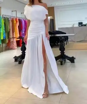 Womens Dresses 2025 Summer New Solid Color Off Shoulder Short Sleeve Ruched High Waist Casual Sexy High Slit Vacation Dress 1