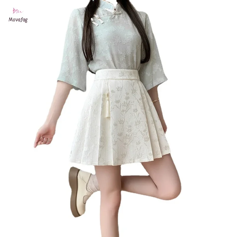 

2024 Summer New Style Chinese Style Short Skirt High Waist Slim A- Line Pleated Jacquard Skirt