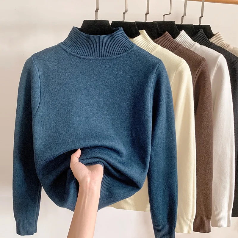 

Korean Turtleneck Slim Thicken Knitted Pullovers Woman 2023 Winter Plus Velvet Sweater Casual Fleece Lined Warm Knitwear Tops