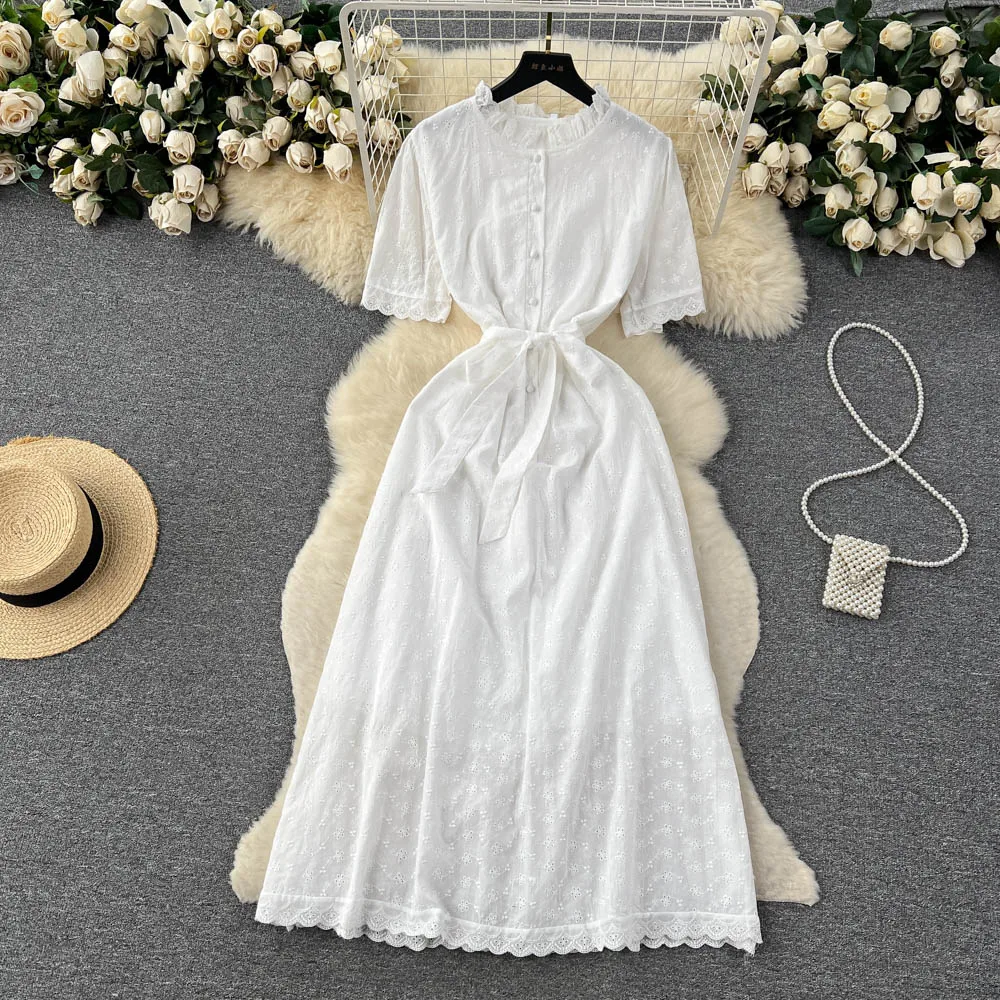 

Summer Pastoral White Dress lace Embroidery Strap Design