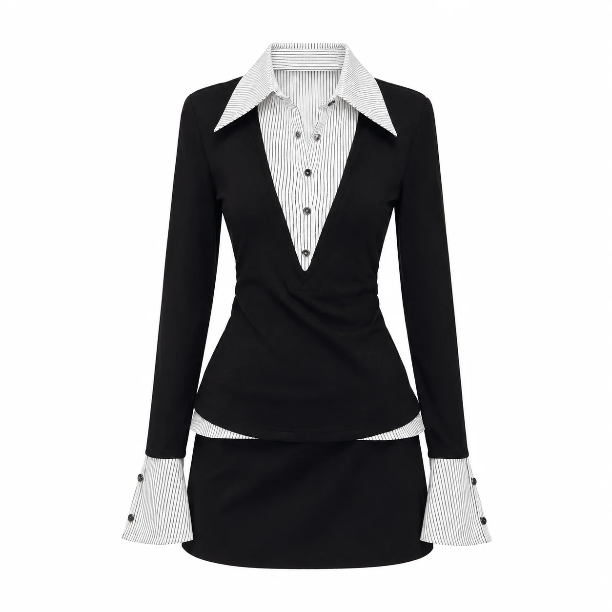 Elegant Black Pleated Wool Dress with Slim Fit Polo Neck and Long Sleeves