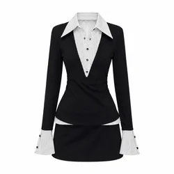 Elegant Black Pleated Wool Dress with Slim Fit Polo Neck and Long Sleeves - M (892 2Piece Sets)