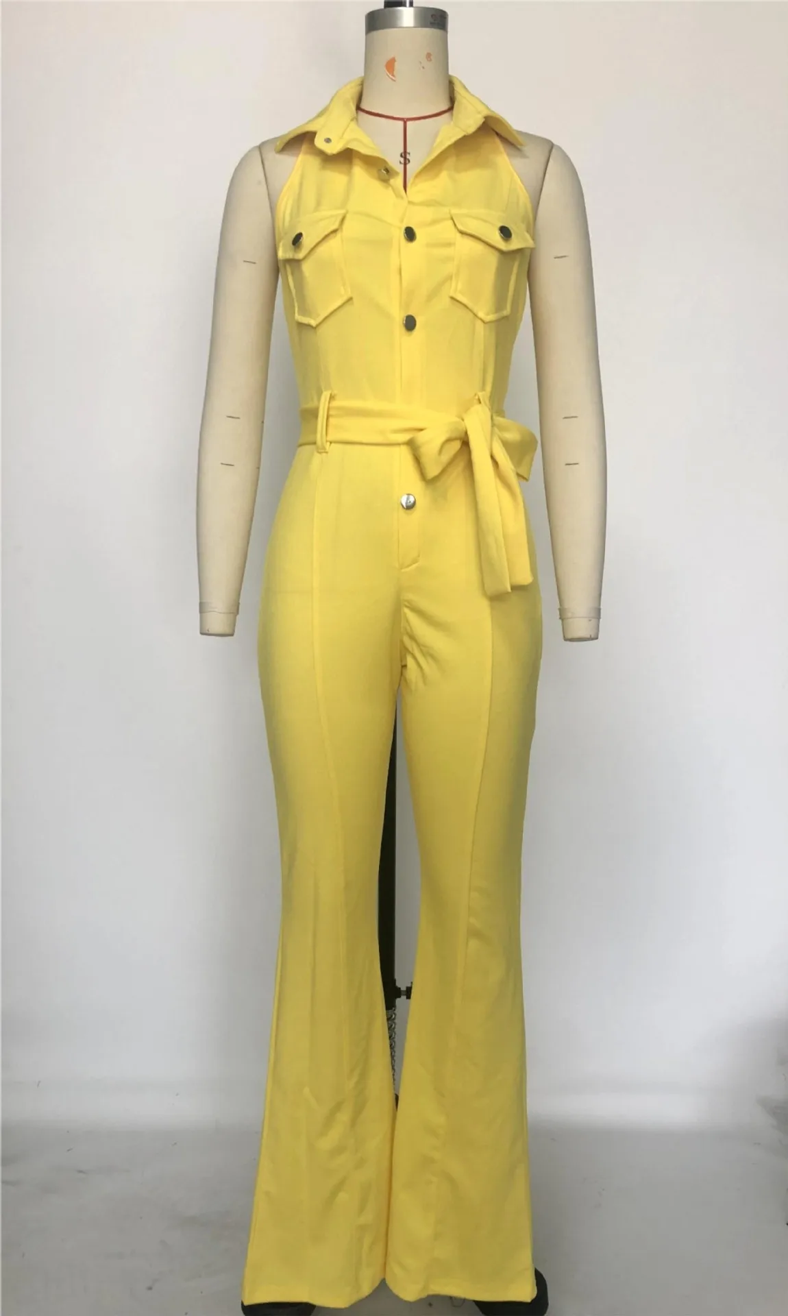 Summer Sleeveless Solid Color Button  Cargo Jumpsuit Women's Lapel Slim Fitting Jumpsuit Fashion Sexy Casual Bell-Bottoms