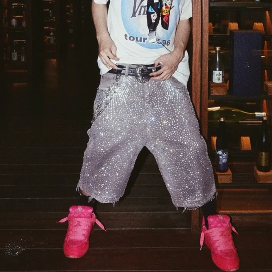Streetwear Full Rhinestone Print Baggy Jeans Shorts for Men Ripped Hole Washed Short Casual Loose Denim Five Point Pants