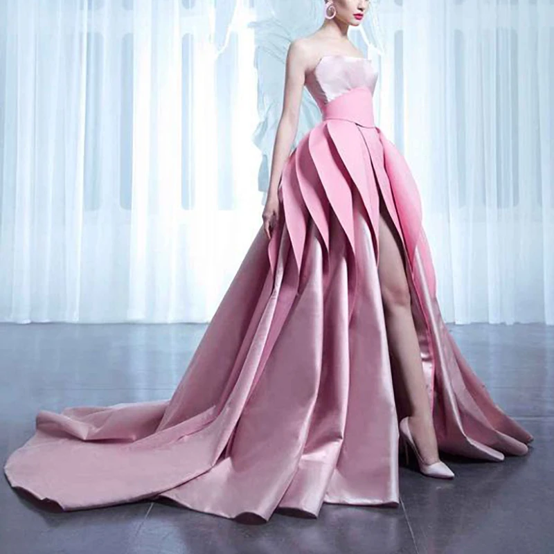 

Elegant Long Evening Dresses for Women Satin Strapless Floor-Length A-Line Tiered Prom Special Events Wedding Party Dress 2024