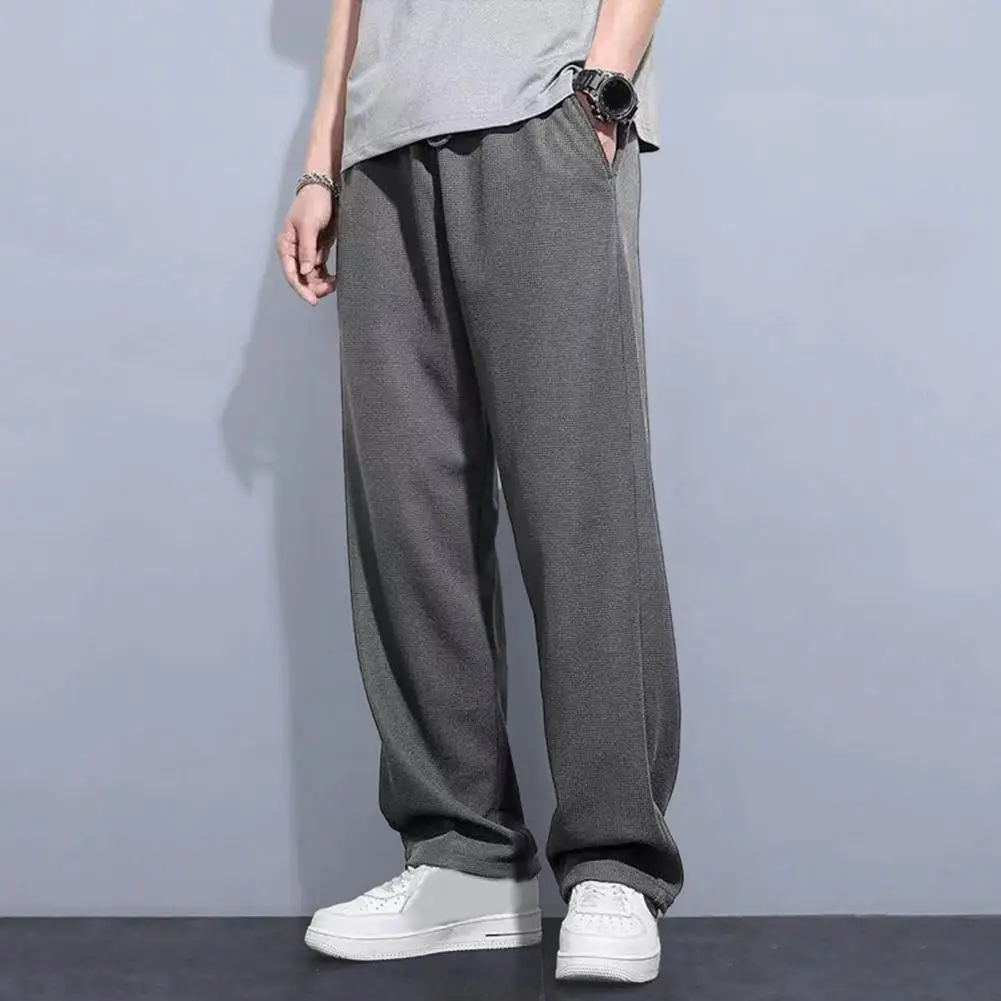 Men Pants Solid Color Drawstring Elastic Waist Loose Sweatpants Thick Plush Pockets Waffle Texture Straight Men Sports Trousers