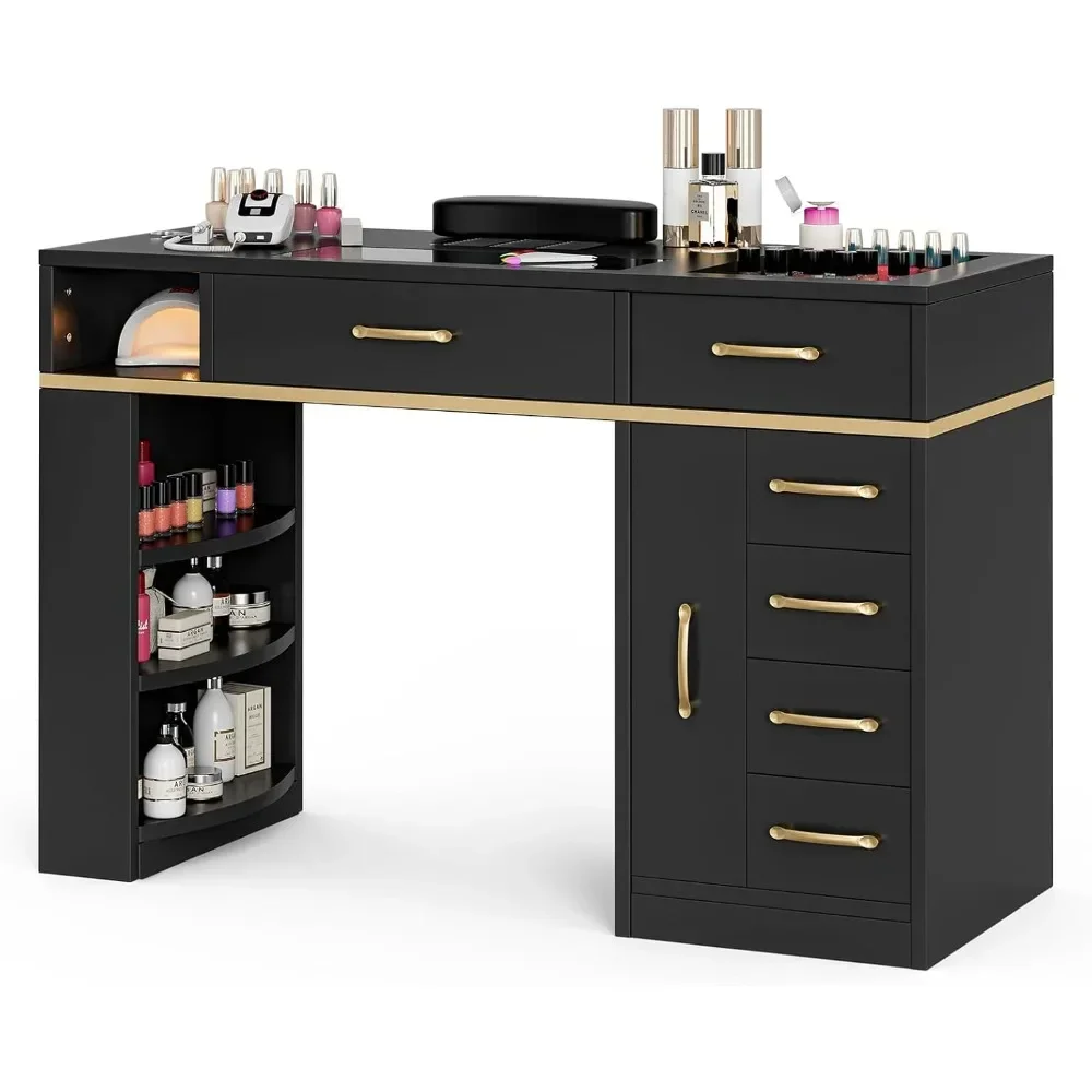 Manicure Table Nail Station for Nail Tech, Glass Top Nail Table Acetone Resistant w/Dust Collector, 7 Drawers & 3-Tier Shelves