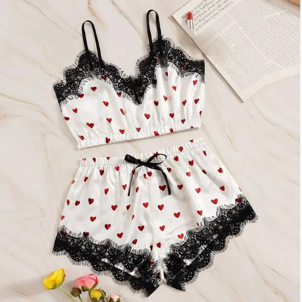 Women Pajamas Set 3Pcs/2Pcs Satin Ice Silk Heart Print Lace Sleeping Skirt Seamless Homewear Pajama Shorts Set Sleepwear women pajamas set,women pajama suit