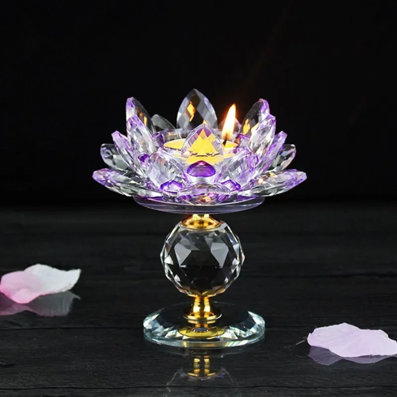 NOOLIM Crystal Glass Block Lotus Flower Metal Candle Holders Feng Shui Home Decor Big Tealight Candle Stand Holder Candlesticks