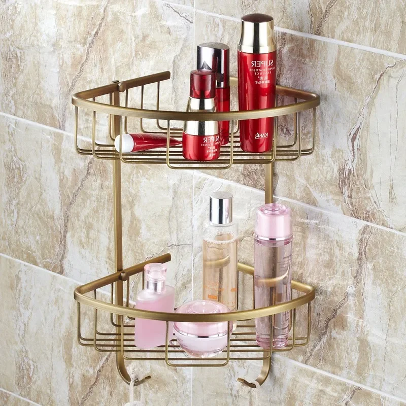 

Vidric Wall Mounted Antique Finish Brass Bathroom Shower Shelf Basket Holder Double Layer Corner Rack Double Shelves