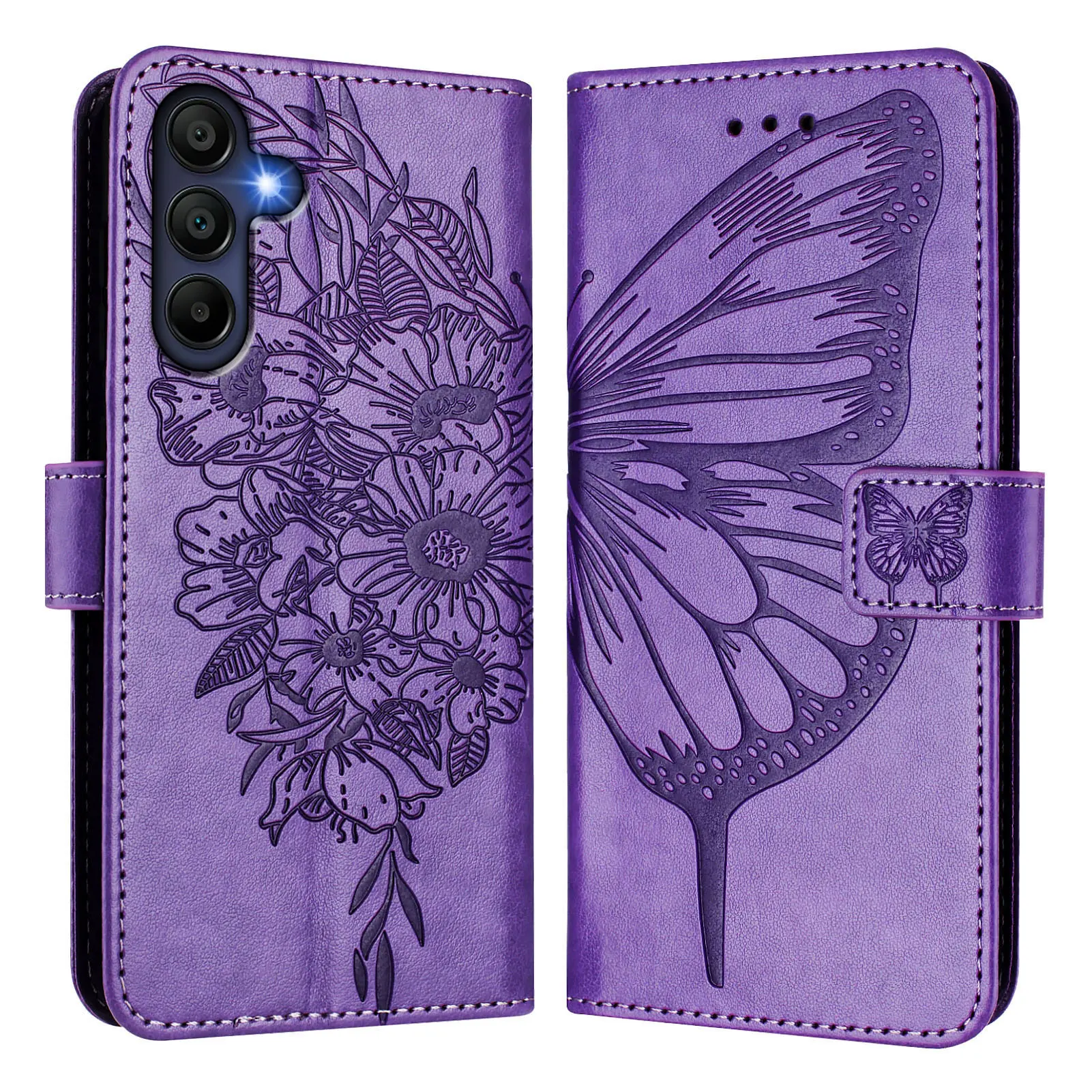 Butterfly Flip Cover with Flower Design - Magnetic Leather Wallet Case