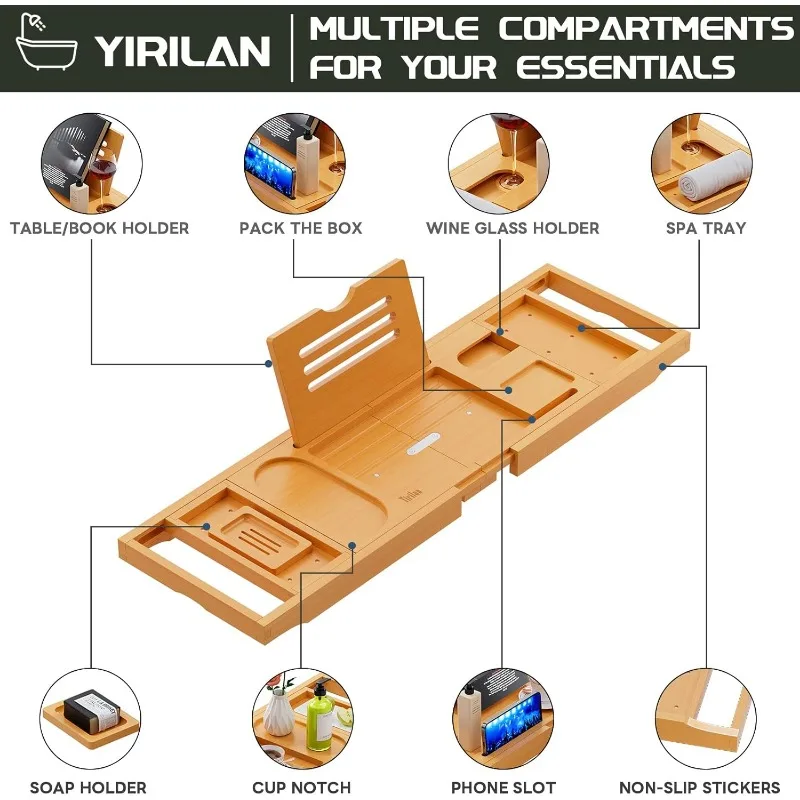 Extendable Sides Bathtub Tray Bamboo Bathtub Caddy with Phone Rack Wine Glass Holder 3