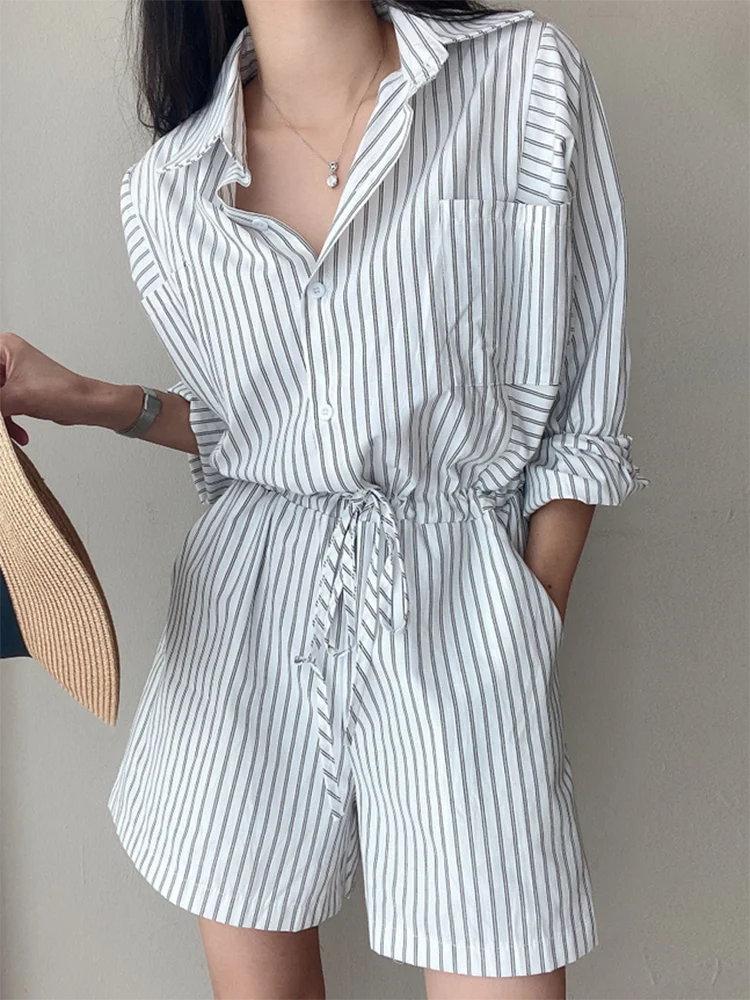 QOERLIN Striped Jumpsuits Women Turn-Down Collar Long Sleeve Spring Summer Pocket Shirts Jumpsuit Bandage Slim Waist Overalls