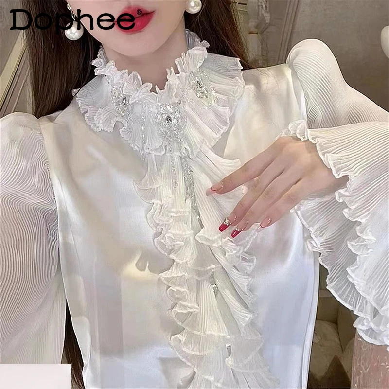 

French Vintage Court Style Heavy Industry Ruffled Shirt Women Chiffon Socialite Stand Collar Single-Breasted Long Sleeve Shirt