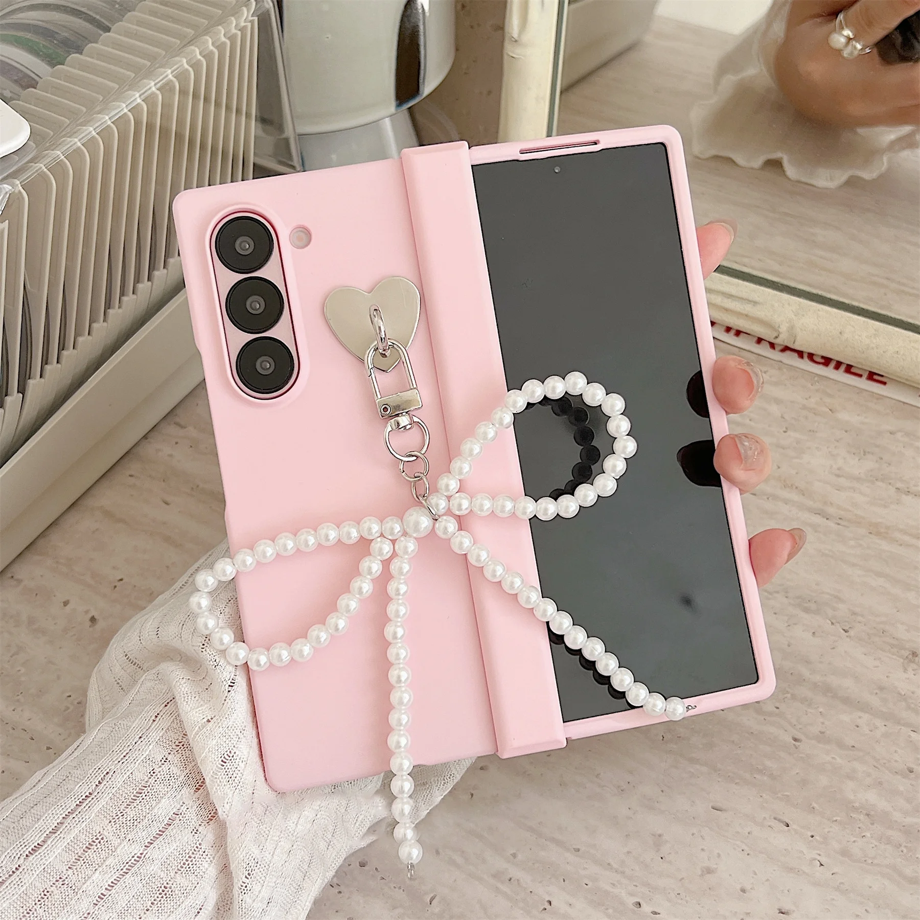 Luxury Simple Pink Phone Case with Pearl Bow Pendant