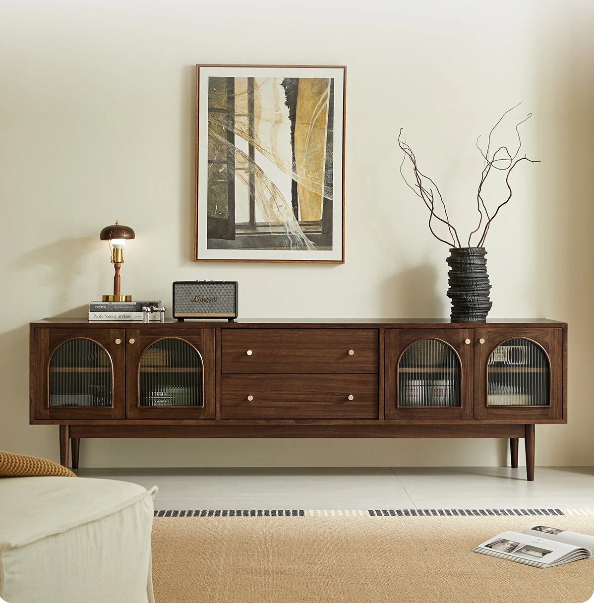 

American Minimalist Nordic Solid Wood TV Cabinet Retro Glass Locker Living Room Furniture Cabinet