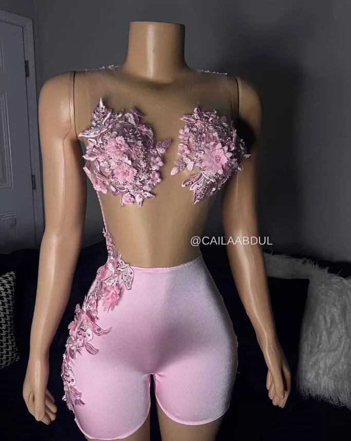 Cocktail Dresses African Bodysuit 3D Floral Sheer Mesh Black Girl Mini Evening Party Birthday Gown customsized outift Pink