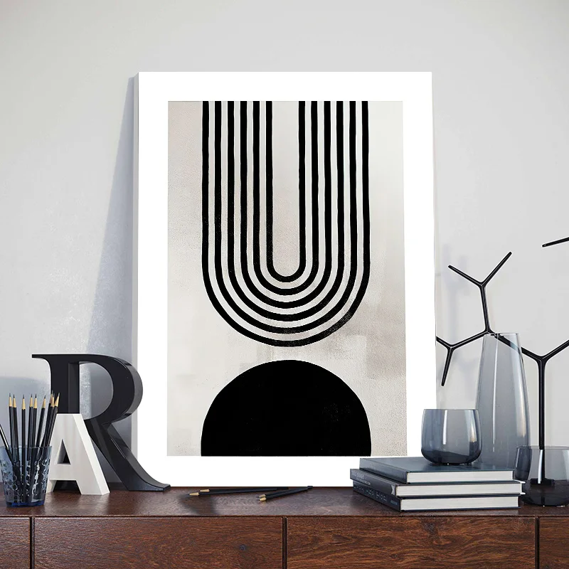 Modern Abstract Geometric Canvas Painting with Frame Boho Black White Poster Nordic Living Room Wall Art Pictures for Home Decor